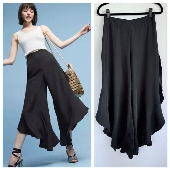 NWT Anthro Elevenses Antilles Black Ruffle Wide Leg Cropped Pants in Black Sz 8 - Picture 1 of 13